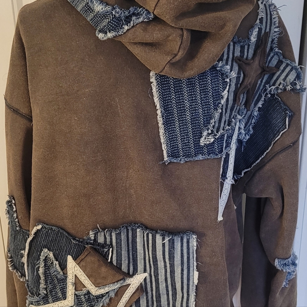 OLI & HALI Hoodie w/Denim Star Patchwork, EUC, S(Overszd), Cute+Comfy🤎🩶💙 - Picture 13 of 16
